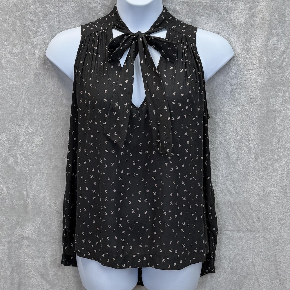 Free People‎ Shirt Womens L Black Floral Bow Keyhole Sleeveless Tunic Top Blouse